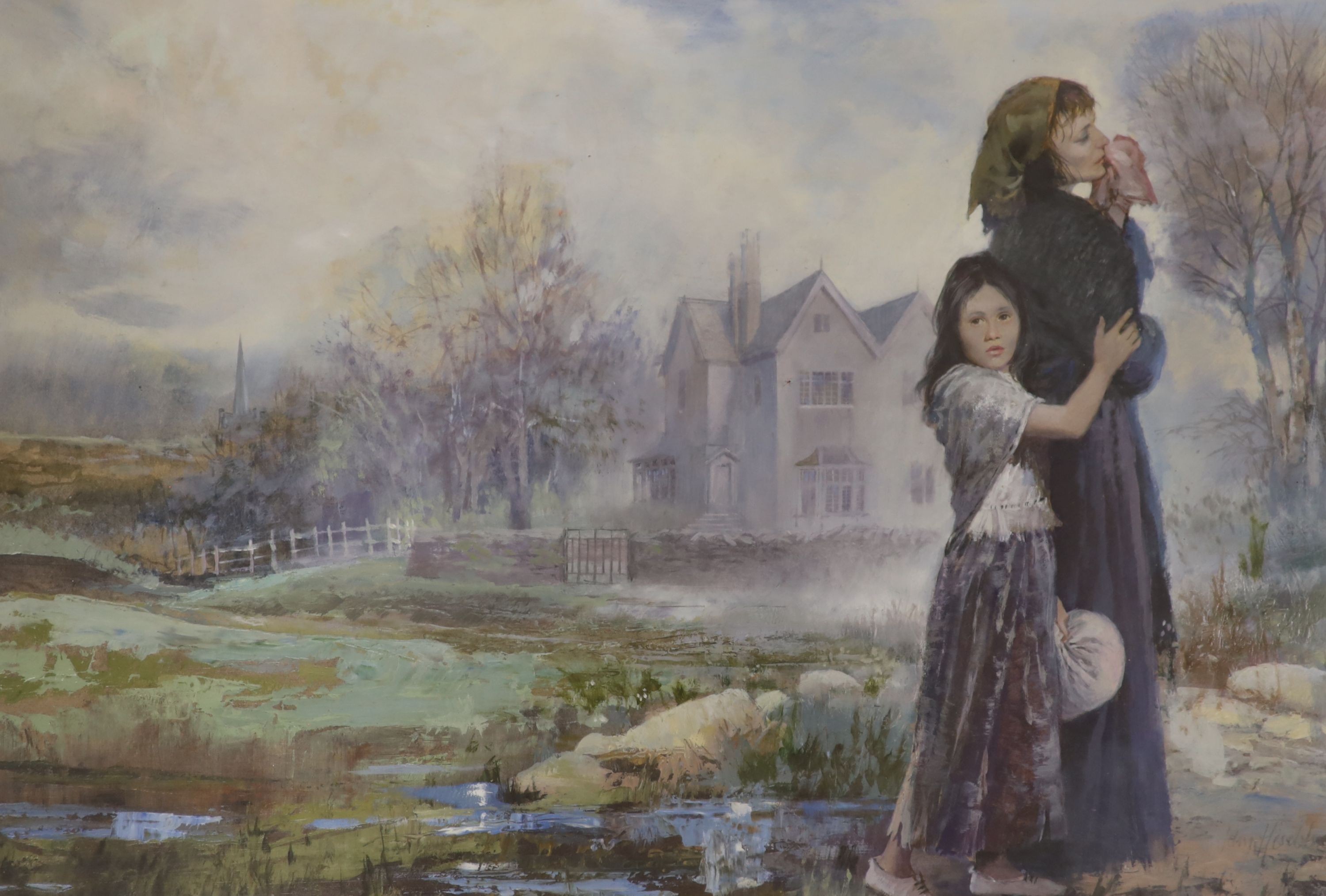 John Heseltine (b.1923), watercolour and gouache, Original illustration destitute mother and child, signed, 38 x 56cm